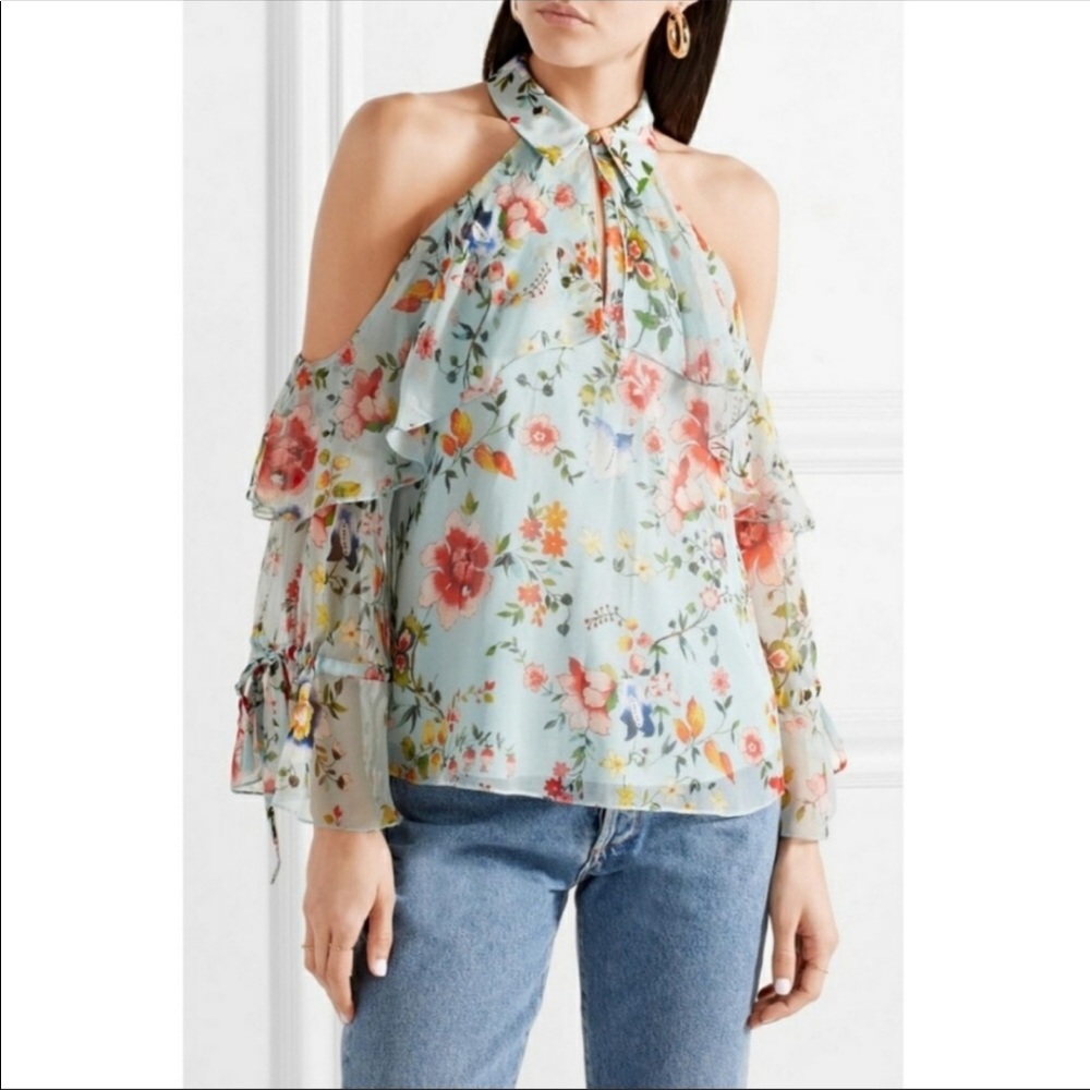 Alice + Olivia Blayne Cold Shoulder Floral Print Silk Blouse Small